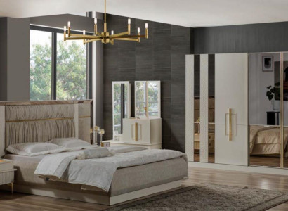 Luxury Double bed Bedroom Suite Wood Beige Fabric Bed Set 5pcs